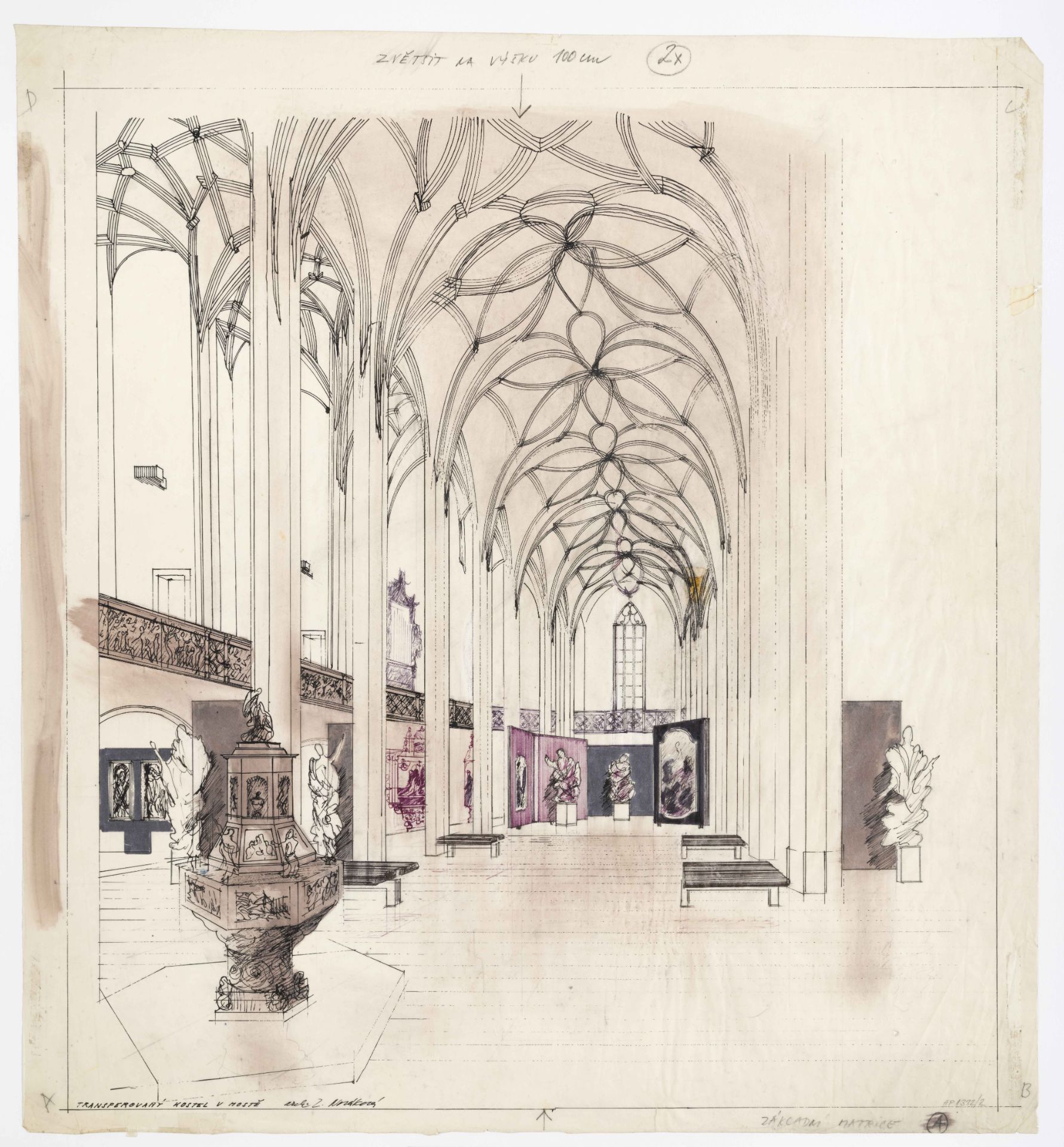 Expozice severočeského umění v interiéru přesunutého gotického kostela v Mostě, hlavní loď