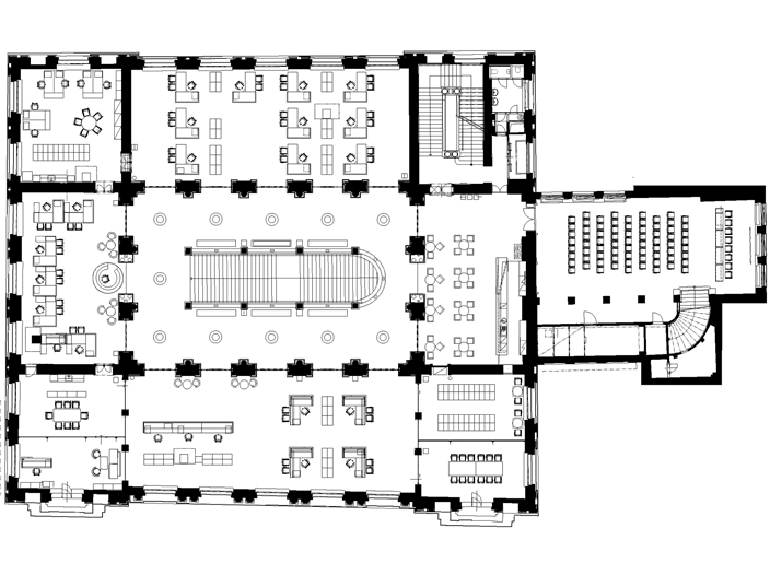 Floor plan (first floor) of the representative branch of Česká spořitelna in Rytířská street, archive of Gabriela Kaprálová Rytířská Palace – flagship branch of Česká spořitelna_floor plan, first floor