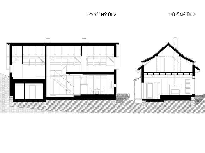 House in Bohemian Paradise I, transverse and longitudinal section, archive of Gabriela Kapralová Dům v Českém ráji I_řezy