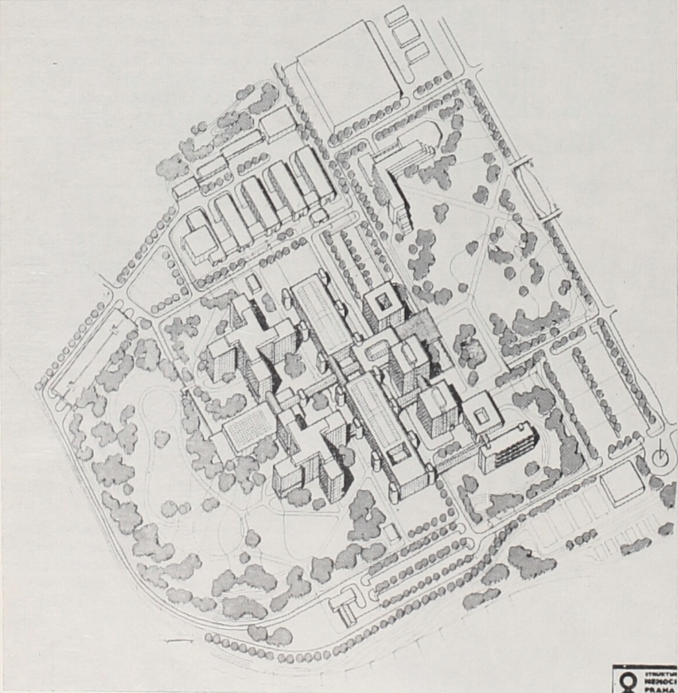 Structural plan of the hospital with polyclinic Velka Ohrada for the South-Western Town, Prague, axonometry, repro: Architektura ČSR XLI, 1982, No. 6, p. 254 Strukturální plán nemocnice s poliklinikou Velká Ohrada pro Jihozápadní Město, Praha, 2