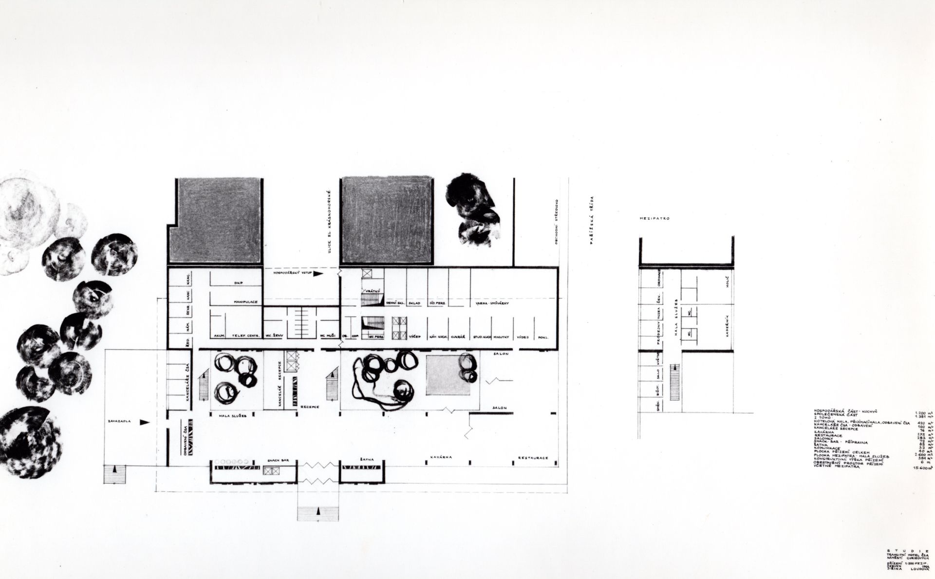 Jiřina Loudová, Studie transitního hotelu ČSA, půdorys přízemí, Pozůstalost Jiřiny Loudové Jiřina Loudová_Studie hotelu ČSA_2