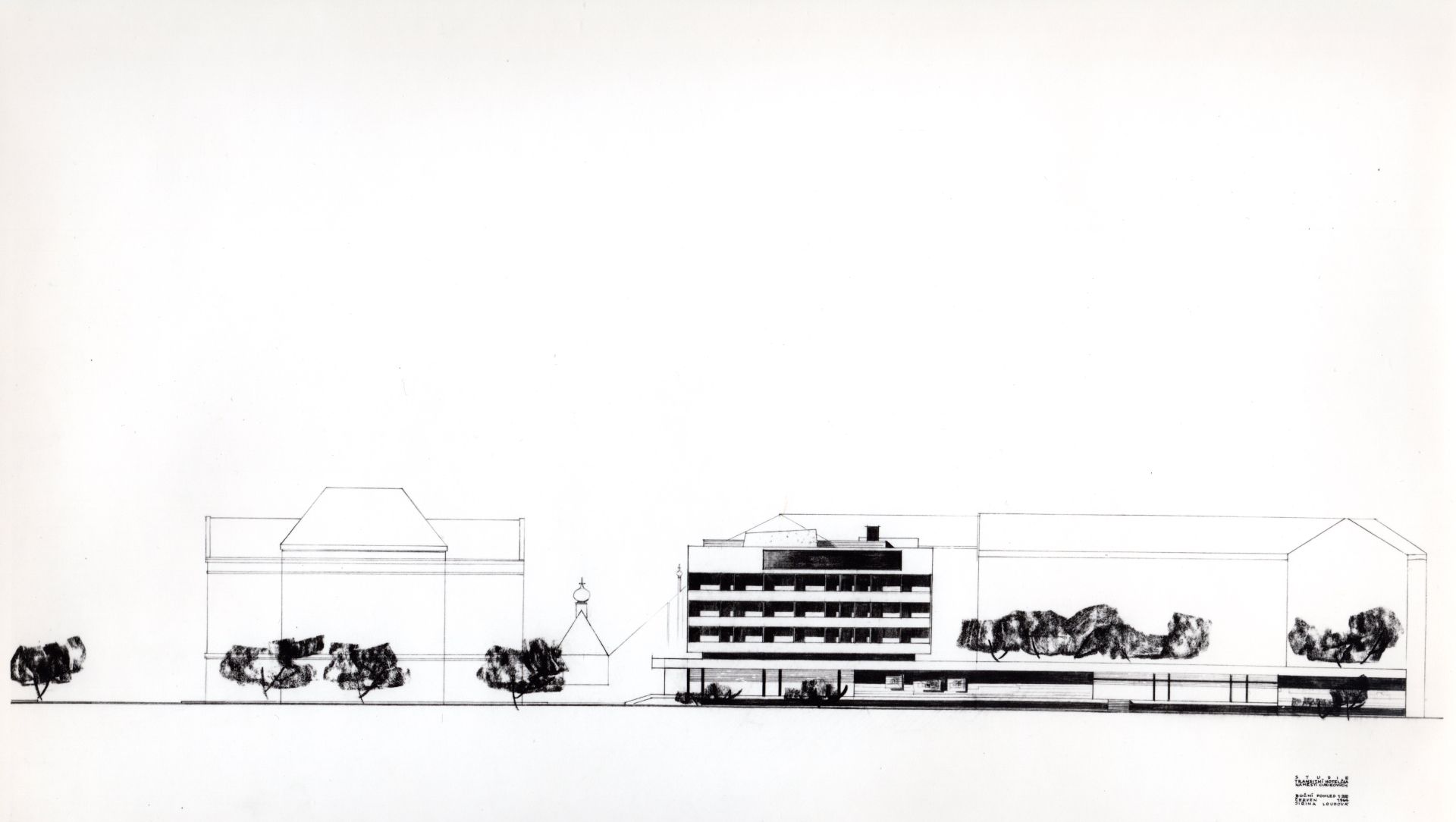 Studie transitního hotelu ČSA, boční pohled, pozůstalost Jiřiny Loudové Jiřina Loudová_Studie hotelu ČSA_5