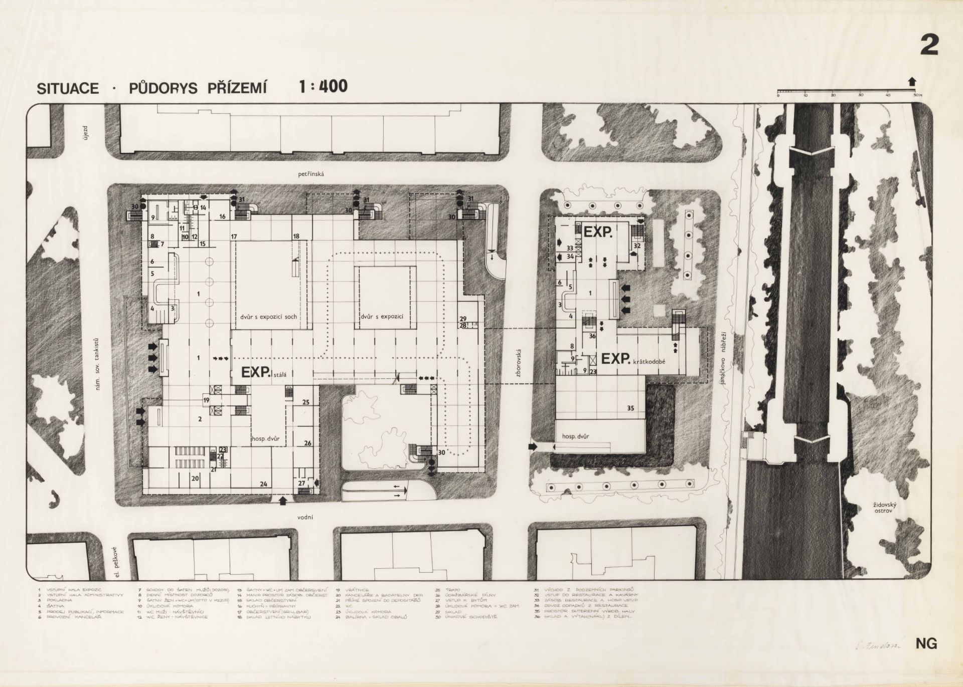 Study of the new building of the National Gallery, sita plan - ground floor plan, archive of Daniela Fenclova Fenclová_NG_školní projekt_2