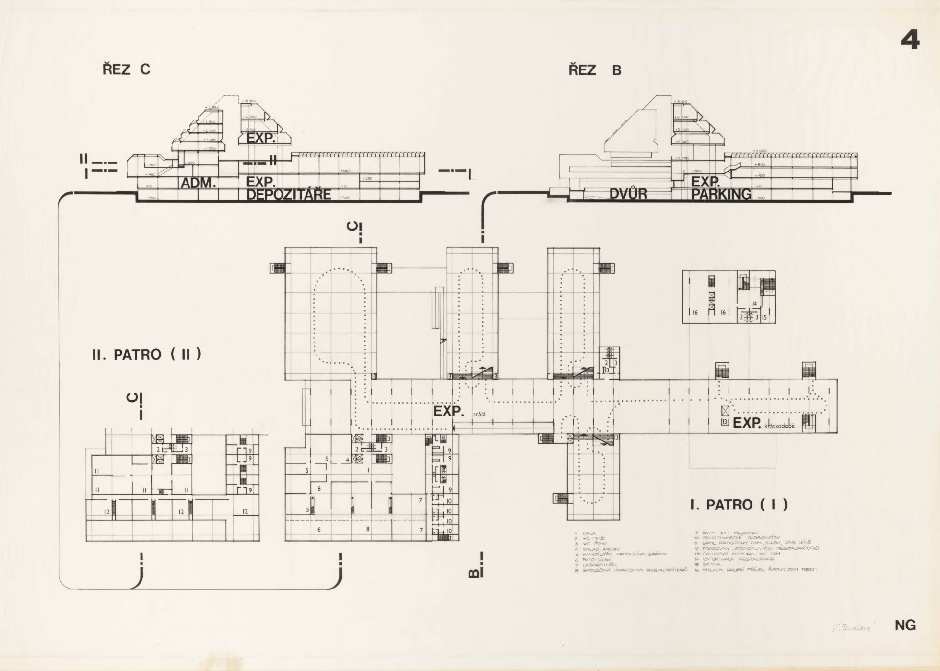 Study of the new building of the National Gallery, sections through the building and floor plans of the 1st and 2nd floors, archive of Daniela Fenclova Fenclová_NG_školní projekt_3
