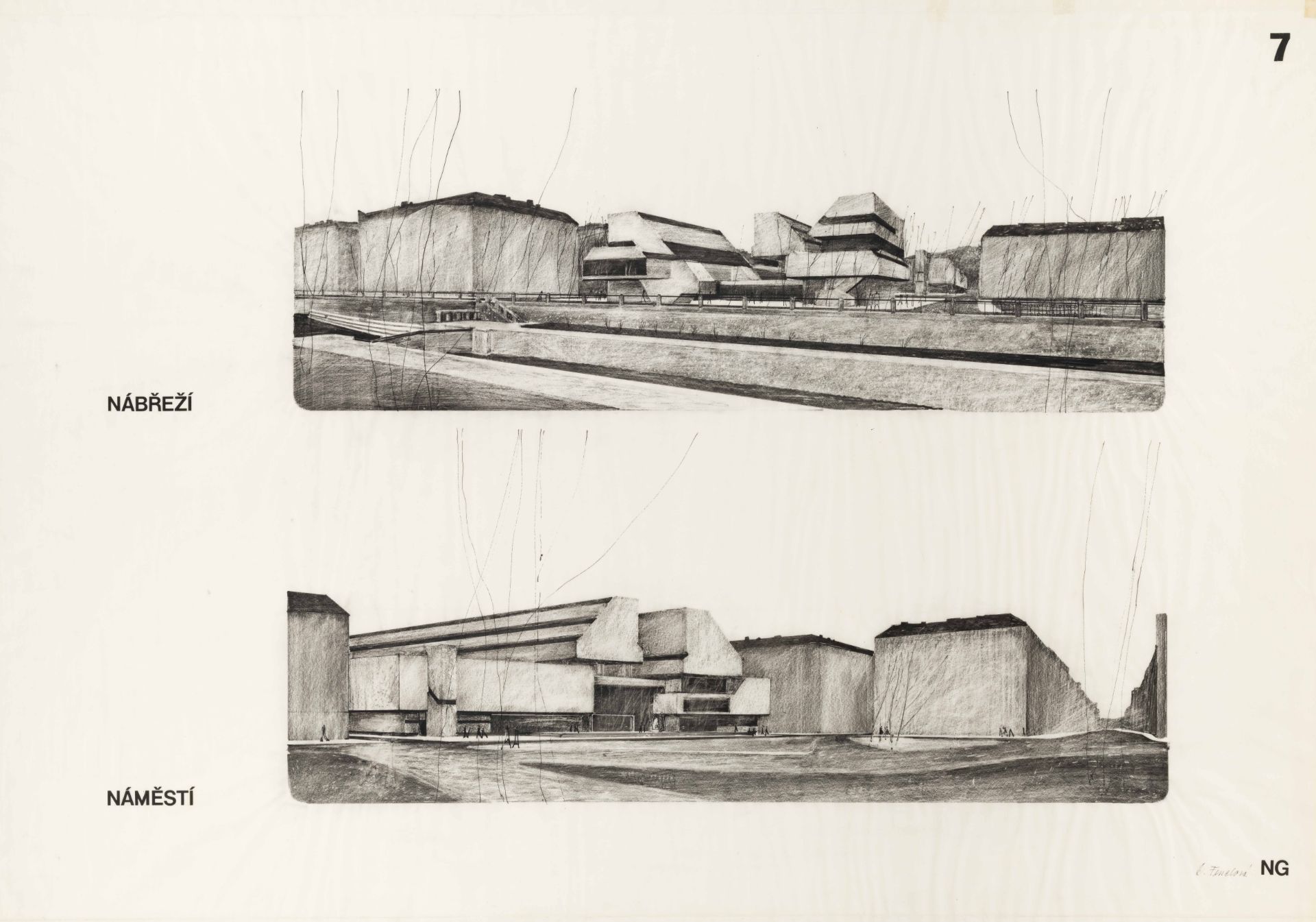 Study of the new building of the National Gallery, view of the building from the embankment and the square, archive of Daniela Fenclova Fenclová_NG_školní projekt_4