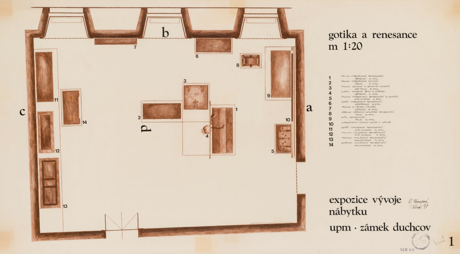 Permanent exhibition of the development of furniture from the UPM collections at Duchcov Castle, floor plan of the Gothic and Renaissance exhibition, archive of Daniela Fenclova Fenclová_Duchcov