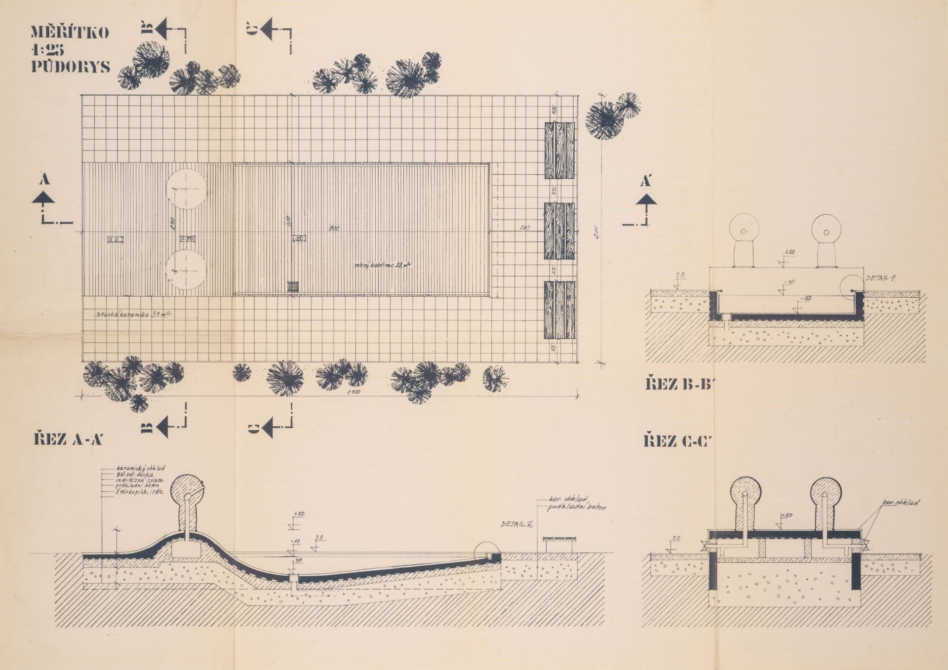 Nursery school paddling pool, plan documentation with floor plan and sections, archive of Marie Davidová Davidová_Štěchovice