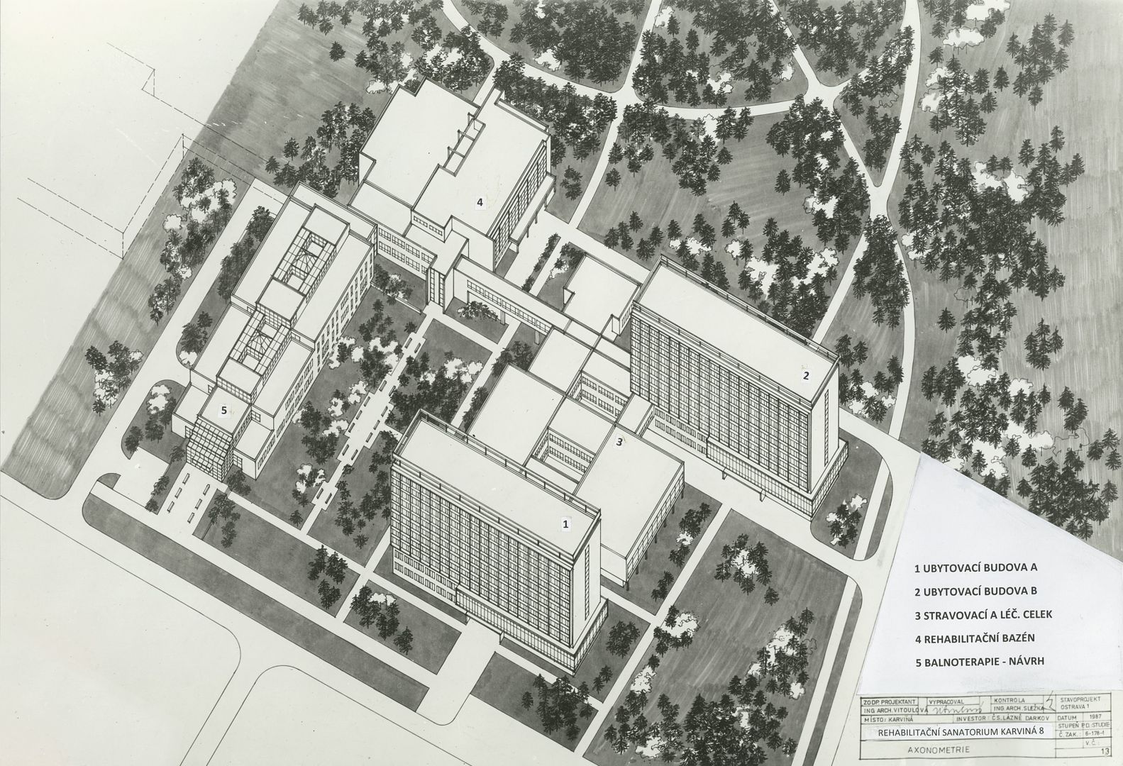 Balneoterapie, Rehabilitační sanatorium Karviná, axonometrie areálu, archiv Mileny Vitoulové Vitoulová_balneo_01