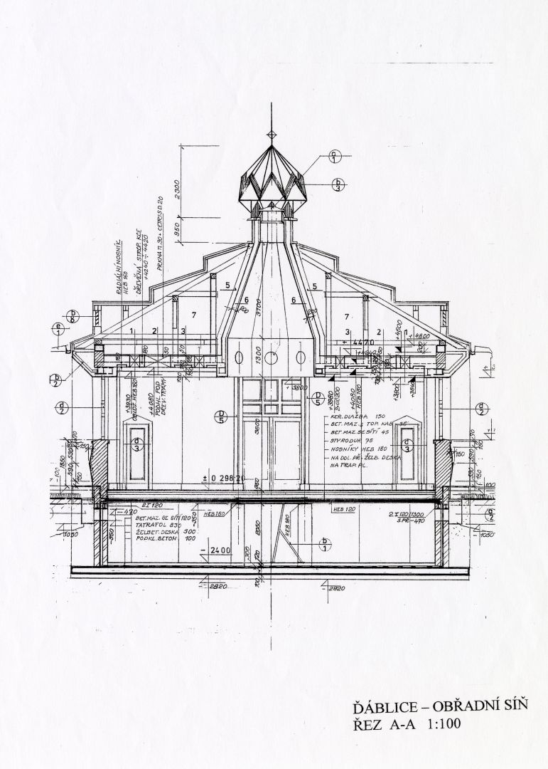 Obřadní síň, řez A–A, archiv Marie Švábové Švábová_Ďáblice_3