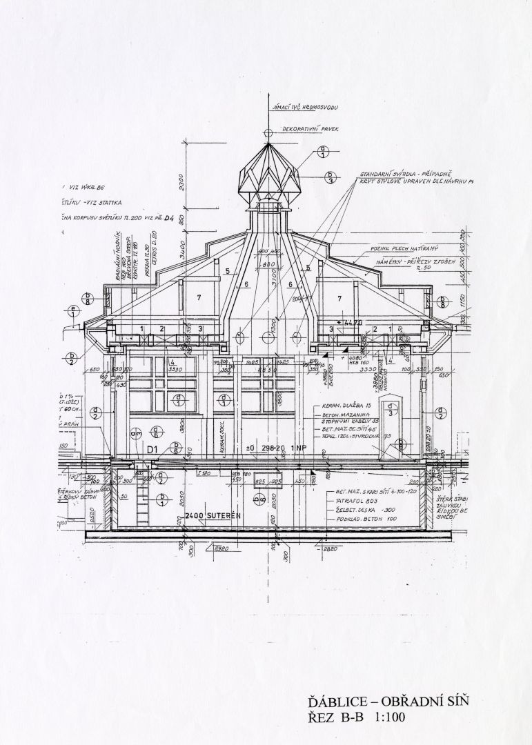 Obřadní síň, řez B–B, archiv Marie Švábové Švábová_Ďáblice_4