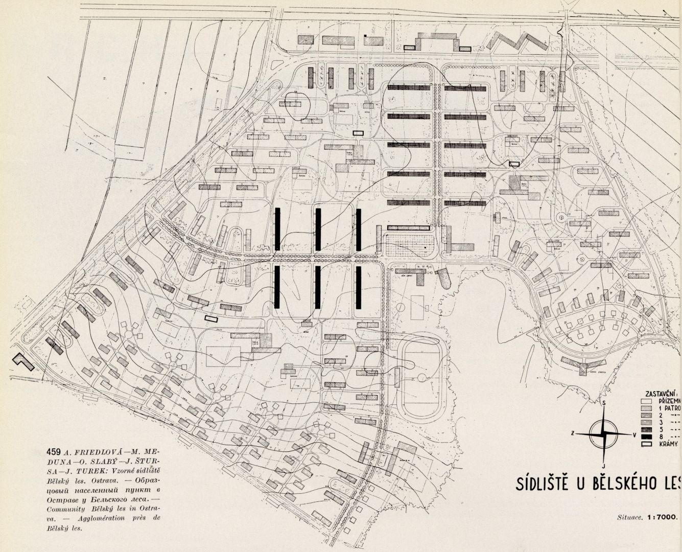 Urbanistické řešení vzorného sídliště Bělský les, Ostrava-Zábřeh, situace, repro: Architektura ČSR VII, 1948, č. 6–7, s. 202 Friedlová_Ostrava_Bělský les_situace