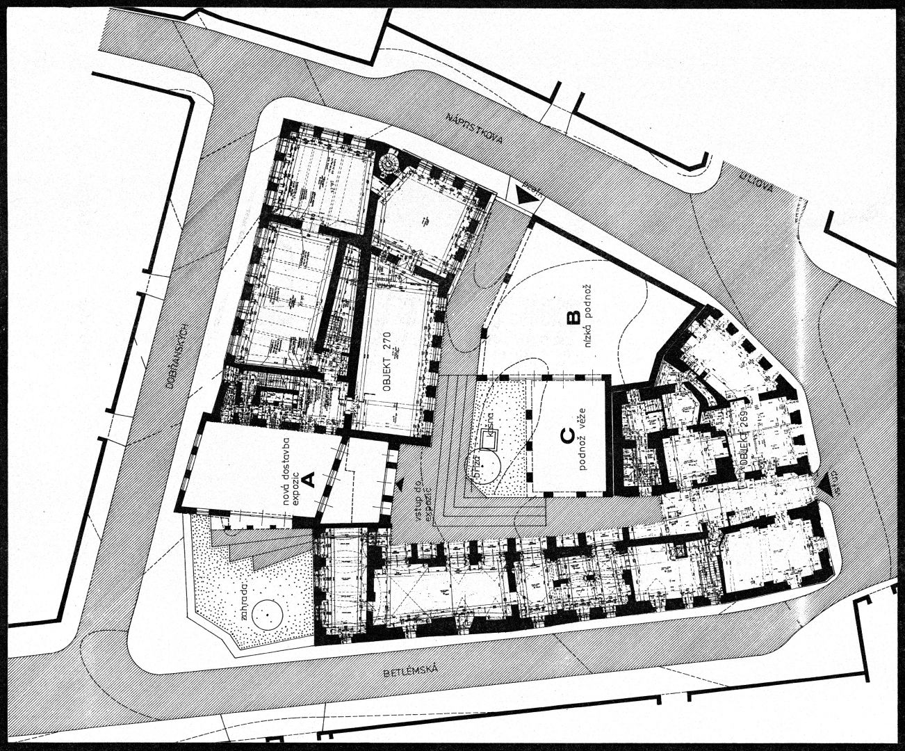 Soutěžní návrh architektonické studie dostavby a hmotového rozvoje Náprstkova muzea, Praha, varianta, půdorys přízemí, archiv N. Vaníčkové Vaníčková_náprstkovo_5