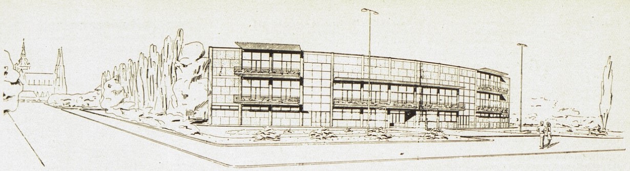 Návrh dělnického šachového kulturního domu, perspektivní pohled, repro: Architektura ČSR V, 1945–1946, č. 5, s. 141. Štursová_dělnický dům_1